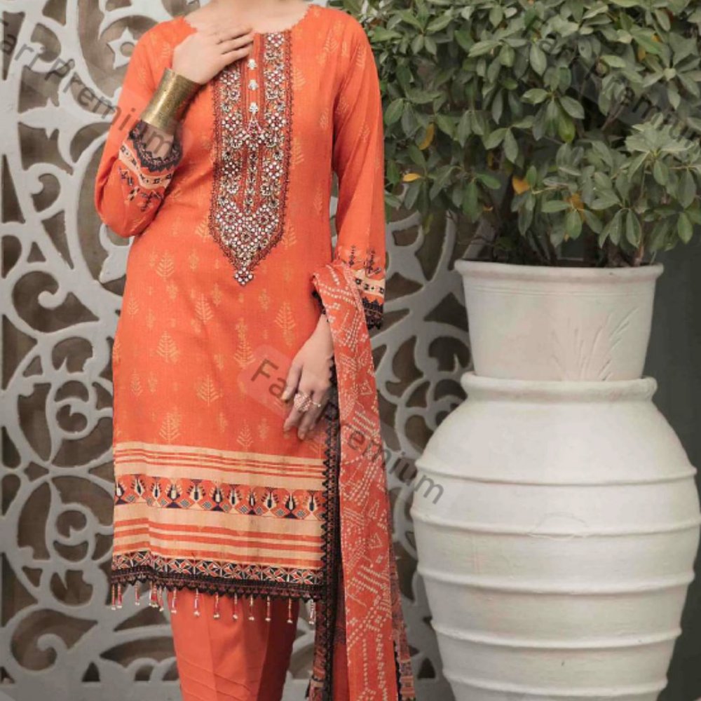 NEW 3-PC Embroidered Banarsi Cotton Chiffon Shalwar Kameez Suit Pakistani/Indian